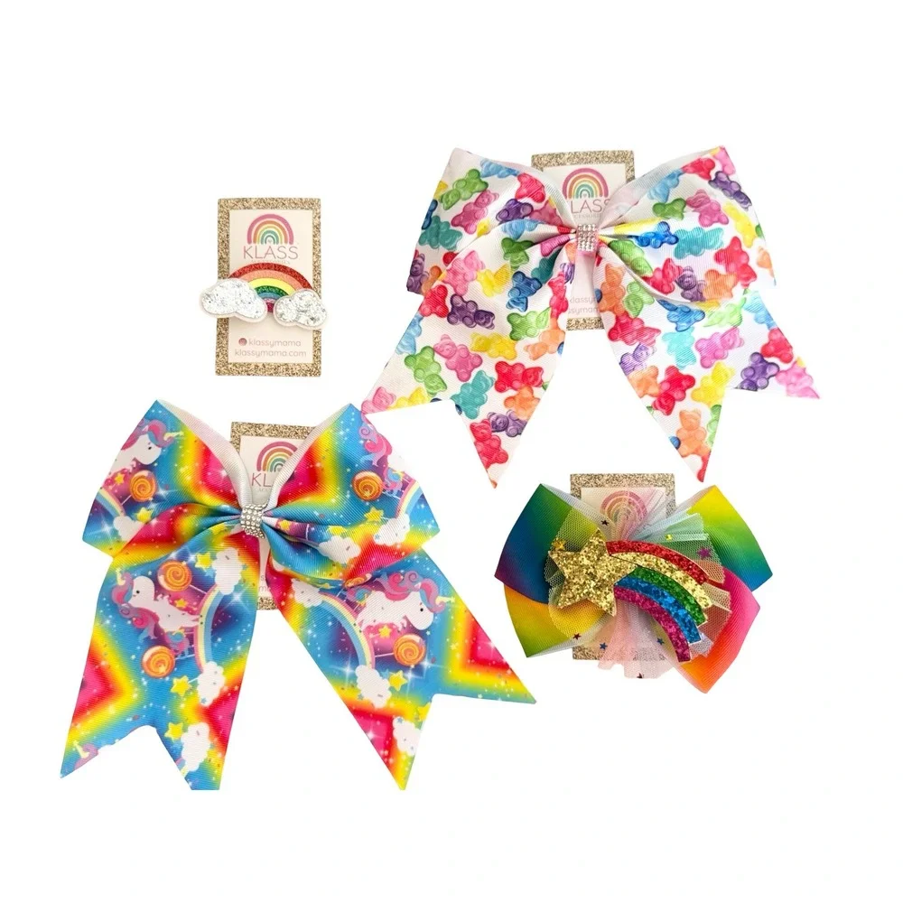 Klass Accessories 4pc Hair Bow Set Rainbow Unicorn Gummy Bear Glitter Star Clips